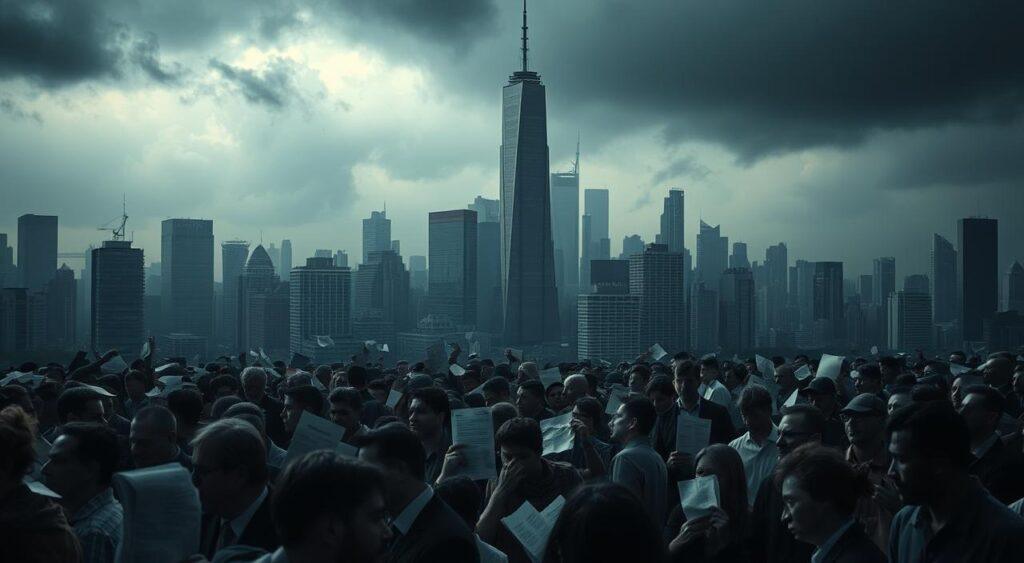 A gloomy cityscape bathed in a somber, moody atmosphere. In the foreground, a sea of faces expressing despair and anxiety, people clutching financial documents, surrounded by a tangle of crumpled papers. In the middle ground, a towering, imposing skyline of skyscrapers, some windows shattered, symbolizing the collapse of the financial sector. The background is shrouded in a hazy, ominous gloom, with dark clouds looming overhead, further emphasizing the sense of impending doom. The lighting is dramatic, with harsh shadows and muted tones, creating a sense of overwhelming pressure and uncertainty. The overall scene conveys the devastation and human toll of a financial crisis.