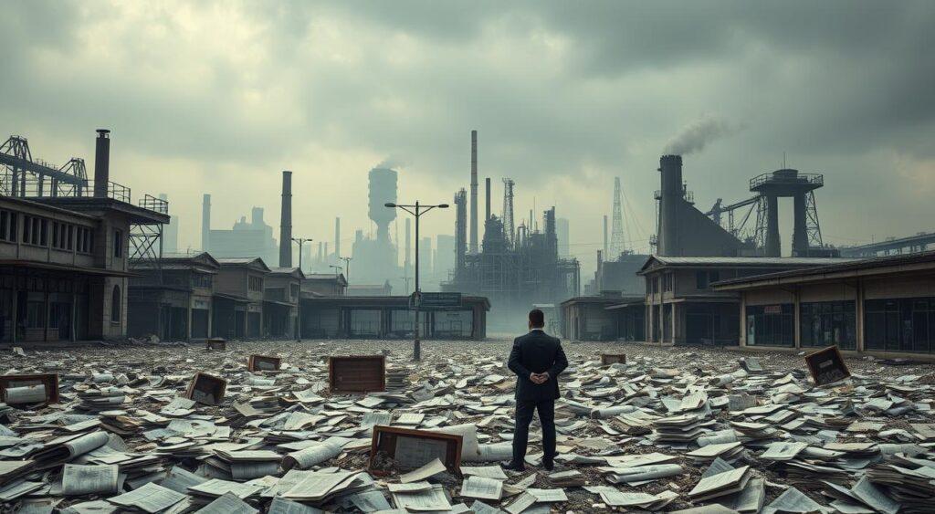 A gloomy cityscape with abandoned factories, crumbling infrastructure, and empty storefronts. In the foreground, a lone business person stands amidst a sea of discarded ledgers and financial documents, head in hands, conveying the weight of economic losses. The middle ground is shrouded in a hazy, desaturated palette, with the silhouettes of once-thriving industries fading into the background. The sky is overcast, casting an oppressive shadow over the scene, reflecting the somber mood. The composition is angled to create a sense of isolation and despair, emphasizing the detrimental impact of rent-seeking activities on the local economy.