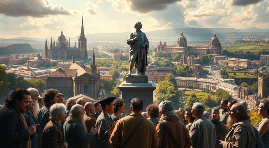 A grandiose, heroic scene depicting the cultural influence of the epic poem Paradise Lost. In the foreground, figures of notable scholars, authors, and thinkers engage in animated discussion, their expressions and gestures conveying the depth of the poem's impact. In the middle ground, a towering statue of John Milton stands, his visage stern yet inspired. The background is a richly detailed landscape, with sweeping vistas of towering cathedrals, bustling city streets, and lush gardens - all infused with an air of contemplation and intellectual fervor. Dramatic lighting casts dramatic shadows, evoking the poem's themes of light and darkness, good and evil. The entire scene radiates a sense of the epic's enduring legacy and its profound shaping of modern thought. A grandiose, heroic scene depicting the cultural influence of the epic poem Paradise Lost. In the foreground, figures of notable scholars, authors, and thinkers engage in animated discussion, their expressions and gestures conveying the depth of the poem's impact. In the middle ground, a towering statue of John Milton stands, his visage stern yet inspired. The background is a richly detailed landscape, with sweeping vistas of towering cathedrals, bustling city streets, and lush gardens - all infused with an air of contemplation and intellectual fervor. Dramatic lighting casts dramatic shadows, evoking the poem's themes of light and darkness, good and evil. The entire scene radiates a sense of the epic's enduring legacy and its profound shaping of modern thought.