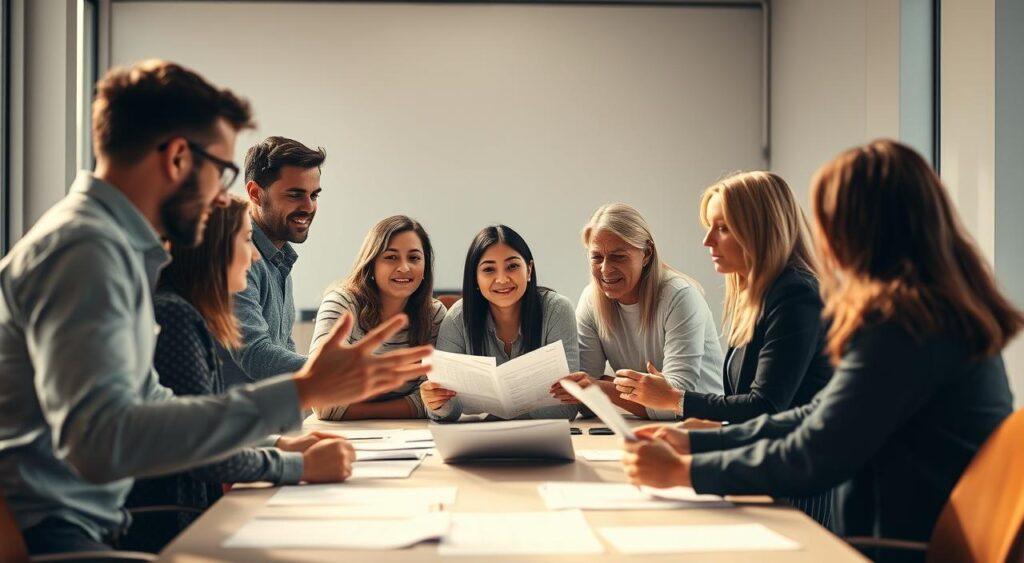 A group of people gathered around a table, engaged in a thoughtful discussion. The scene is illuminated by a warm, natural light filtering through large windows, casting a soft glow on their faces. In the foreground, several individuals gesture animatedly, their expressions reflecting a range of perspectives and opinions. The middle ground shows the group considering various options, documents, and notes spread out before them. In the background, a minimalist yet modern office space provides a clean, uncluttered backdrop, allowing the focus to remain on the collaborative decision-making process. The overall atmosphere is one of focused deliberation, with a sense of shared purpose and collective intelligence at work.