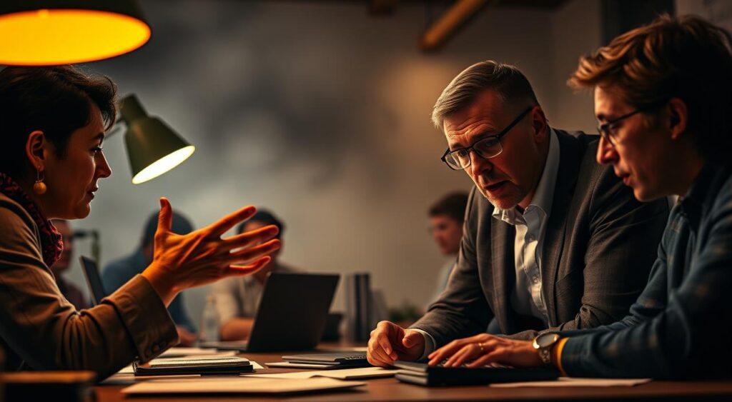 A heated debate on research validity unfolds, with academics passionately exchanging ideas under the warm glow of desk lamps. In the foreground, a professor gestures emphatically, their face etched with intensity as they defend their methodological approach. Across the table, a skeptical colleague leans in, brow furrowed, scrutinizing the data with a critical eye. The background is a hazy, contemplative space, filled with the soft murmur of discussion and the gentle clicking of keyboards. The mood is one of intellectual rigor and intellectual disagreement, captured in a cinematic, chiaroscuro-inspired composition.