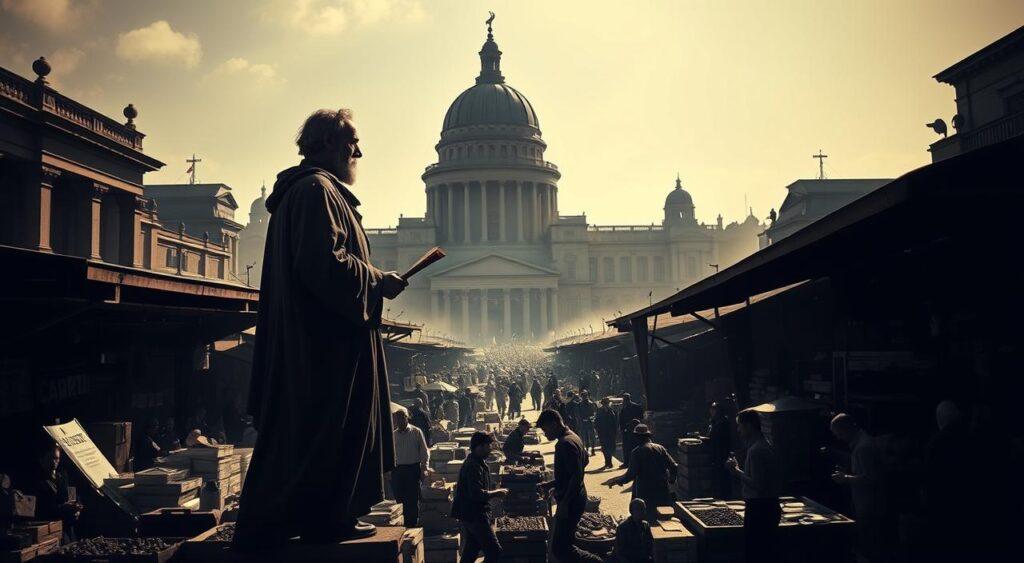 A high-contrast, cinematic image of the ideological underpinnings of political economy. In the foreground, a towering figure representing a philosopher or economist stands in contemplation, draped in a robe and holding a scroll. The middle ground depicts a bustling marketplace, with merchants, artisans, and laborers engaged in a complex web of transactions. In the background, the silhouettes of grand, neoclassical government buildings loom, symbolizing the interplay between state and market. The lighting is dramatic, casting long shadows and highlighting the chiaroscuro of the scene. The overall mood is one of gravitas and intellectual inquiry, reflecting the historical significance of the subject matter.