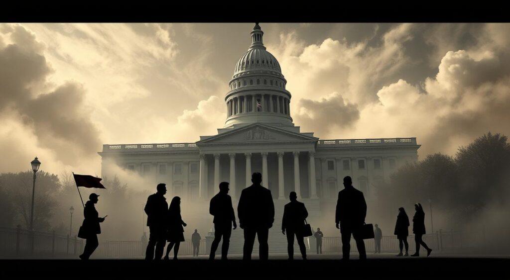 A high-contrast political illustration depicting the concepts of exit, voice, and loyalty. In the foreground, a group of citizens stands at a crossroads, their silhouettes conveying a sense of tension and decision-making. In the middle ground, a towering government building looms, its austere facade suggesting authority and bureaucracy. The background is shrouded in a hazy, moody atmosphere, with swirling clouds and muted colors evoking a sense of uncertainty and unrest. The lighting is dramatic, casting long shadows and highlighting the contrast between the citizens and the institutional power they face. The overall composition is dynamic and thought-provoking, inviting the viewer to consider the complex interplay between individual agency and political structures.