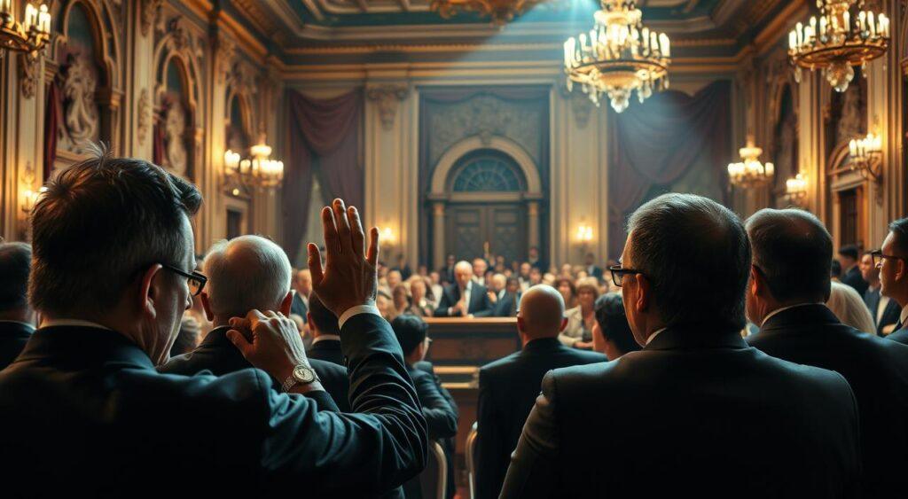A high-stakes auction unfolds in a grand hall, the air thick with anticipation. In the foreground, bidders furrow their brows, hands raised as they strategize their next move, their expressions a mix of determination and uncertainty. In the middle ground, the auctioneer commands the room, gavel poised, guiding the bidding war with practiced precision. The background is a tapestry of ornate architecture, rich fabrics, and the hushed murmurs of onlookers, creating an atmosphere of exclusivity and high-stakes decision-making. Soft, warm lighting casts an aura of intensity, as the bidders weigh their options, each hoping to emerge victorious in this game of auction dynamics and game theory.