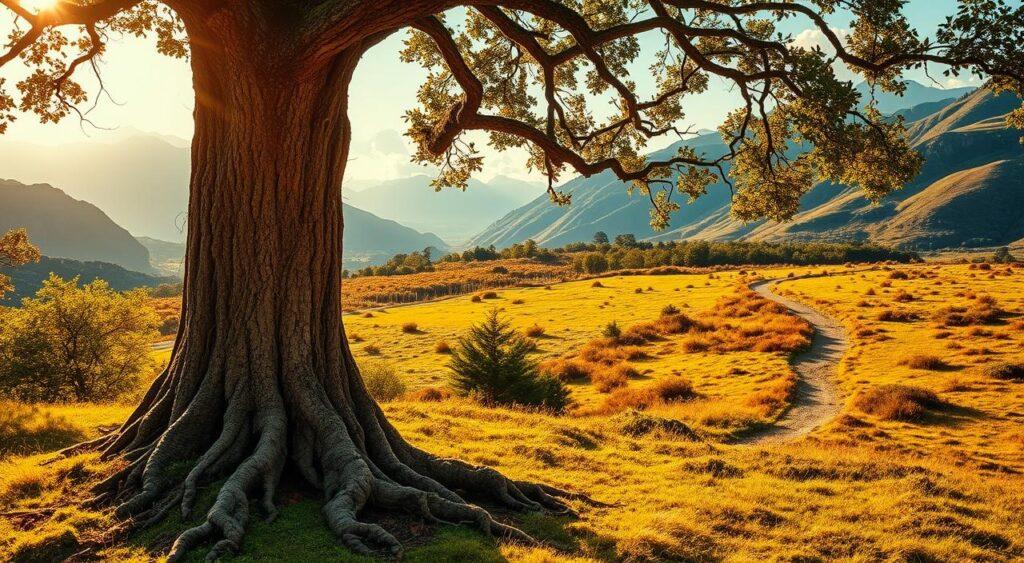 A lush, verdant landscape stretches out, bathed in warm, golden sunlight. In the foreground, a sturdy oak tree stands tall, its gnarled roots gripping the earth with unwavering determination. Delicate vines and tendrils climb up the trunk, symbolizing the relentless persistence and invisible growth that fuels the tree's resilience. The middle ground reveals a winding path, leading the viewer deeper into the serene, untamed wilderness. Towering mountains rise in the distance, their peaks shrouded in wispy clouds, hinting at the challenges yet to be overcome. The entire scene exudes a sense of quiet, enduring strength, reflecting the notion that true progress often happens gradually, through the unseen accumulation of small, consistent efforts.