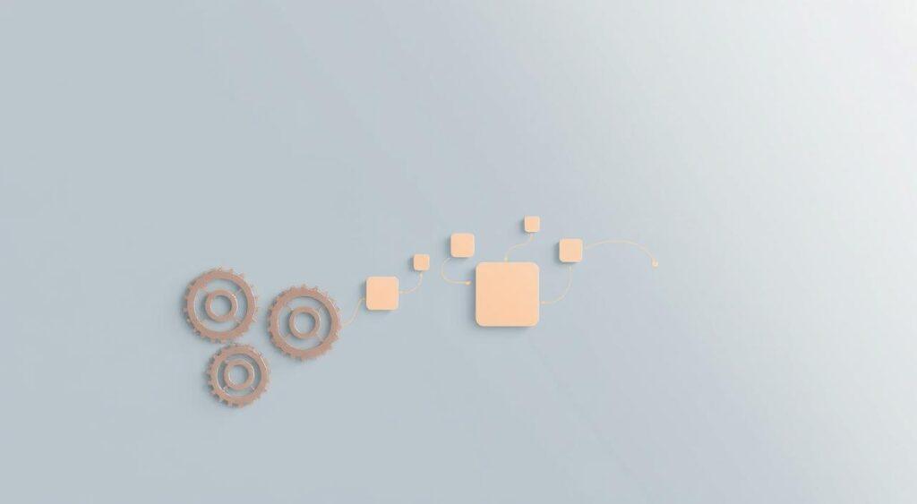 A minimalist, elegantly designed illustration of a systematic thinking process. In the foreground, a series of interconnected gears or cogs, each gear representing a distinct step or component of the thought process. The gears are rendered in shades of muted, metallic tones, conveying a sense of precision and methodical execution. In the middle ground, a series of clean, geometric shapes - squares, triangles, and circles - flow and interact, mirroring the interconnected nature of the gears. These shapes are depicted in a gradient of soft, warm colors, creating a sense of fluidity and dynamism within the overall systematic framework. The background is a simple, monochromatic palette of cool grays or blues, providing a clean, uncluttered canvas that allows the central elements to take center stage. The lighting is soft and diffused, creating a sense of balance and harmony throughout the composition.