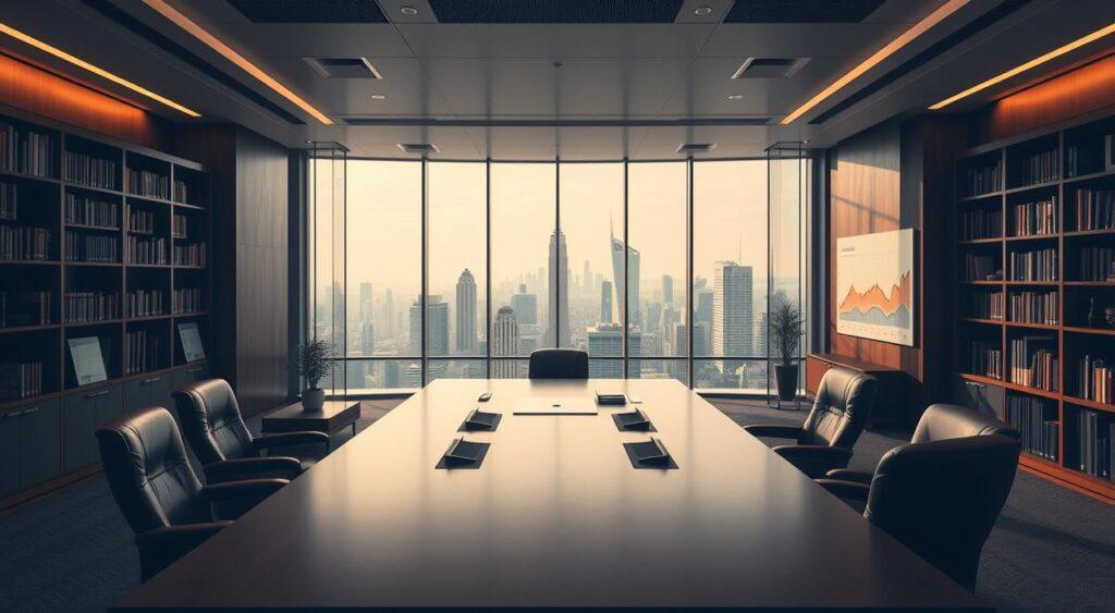 A modern central bank office interior, with a large desk and leather chairs in the foreground. Bookshelves and financial charts adorn the walls in the middle ground, conveying an atmosphere of authority and expertise. In the background, a panoramic window overlooks a bustling city skyline, symbolizing the far-reaching impact of the bank's monetary policy decisions. Warm, directional lighting illuminates the scene, casting subtle shadows and creating a sense of gravitas. The overall mood is one of thoughtful contemplation and the weighty responsibility of managing the economy.
