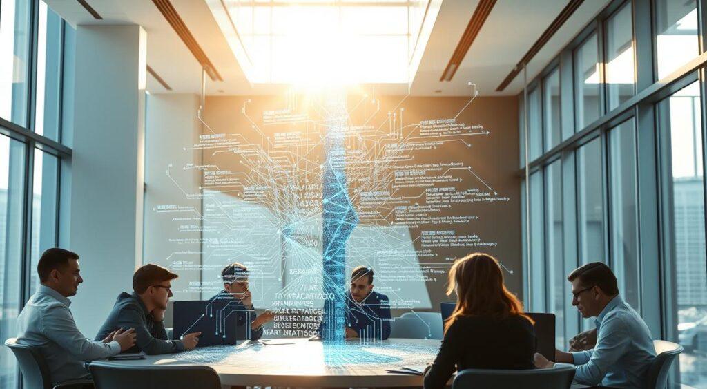 A modern office interior with a sleek, minimalist design. In the foreground, a large holographic display projects a complex network of interconnected smart contracts, their code shimmering and pulsing with activity. Surrounding the display, a team of programmers and analysts intently study the hologram, their expressions focused as they analyze the automation flows. Sunlight streams in through floor-to-ceiling windows, casting a warm glow over the scene. The atmosphere is one of high-tech innovation, with a sense of efficiency and productivity permeating the space. The overall impression is one of the power and potential of smart contract automation to streamline complex financial and business processes.