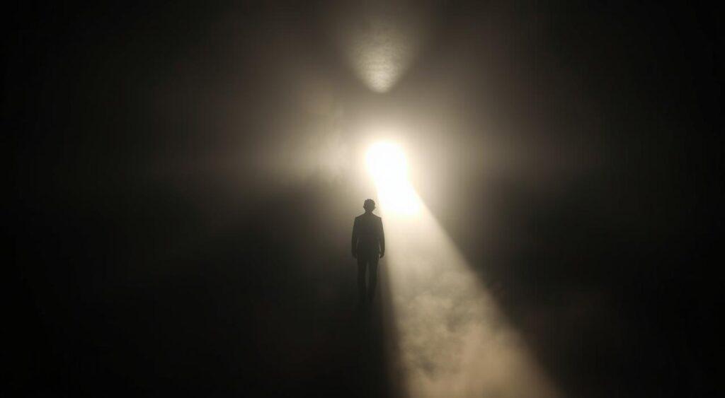 A narrow, focused tunnel of light pierces through a hazy, clouded cognitive landscape. In the foreground, a single, intense beam of illumination cuts through the mental fog, casting sharp shadows and highlighting the central subject in stark contrast. The middle ground is obscured by an opaque, diaphanous veil of cognitive overload, while the distant background fades into a dense, impenetrable mist of information overload. The overall atmosphere is one of intense concentration, a single-minded fixation that blinds the viewer to the broader context. Dramatic chiaroscuro lighting emphasizes the dramatic interplay of light and shadow, guiding the eye towards the central point of focus.