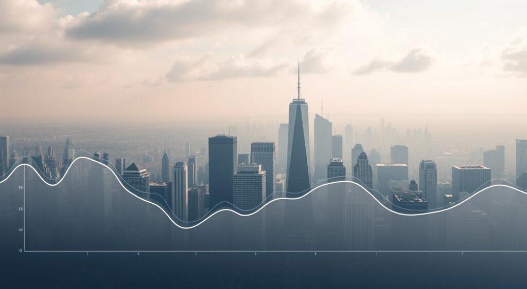 A panoramic view of a dynamic, fluctuating business cycle. In the foreground, a captivating graph depicting the rise and fall of key economic indicators, rendered in a sleek, minimalist style. The middle ground features a bustling cityscape, with towering skyscrapers casting long shadows in the soft, diffused lighting of a changing economic climate. In the background, a hazy horizon suggests the broader macroeconomic landscape, with clouds of uncertainty and opportunity swirling above. The overall composition conveys the intricate, interconnected nature of the business cycle, inviting the viewer to ponder the complex forces shaping the ebb and flow of economic activity.