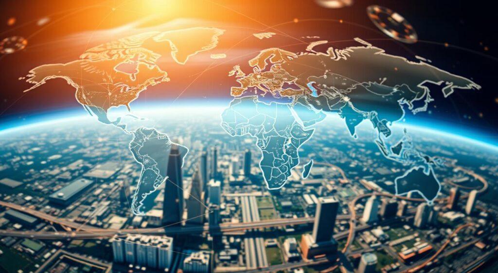 A panoramic view of a global financial network, captured with a wide-angle lens. In the foreground, a complex web of lines and shapes representing international trade routes, currency exchanges, and stock market interactions. The middle ground features major financial hubs, with skyscrapers, bridges, and transportation systems connecting distant corners of the world. In the background, a softly blurred map of the continents, with data visualizations and satellite imagery conveying the scale and interconnectedness of the global economy. The scene is bathed in a warm, golden light, suggesting the vitality and dynamism of international markets, while subtle hints of turbulence and uncertainty allude to the fragility of this intricate system.