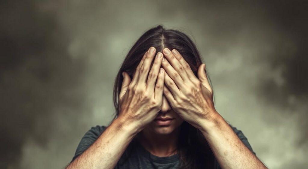 A person covering their eyes with their hands, symbolizing the act of denial and avoidance. The figure is set against a hazy, dreamlike background, with soft lighting and muted colors, conveying a sense of psychological withdrawal. The hands are rendered in a detailed, almost tactile manner, drawing the viewer's attention to the central gesture. The overall composition suggests a state of emotional distress and the use of denial as a coping mechanism.