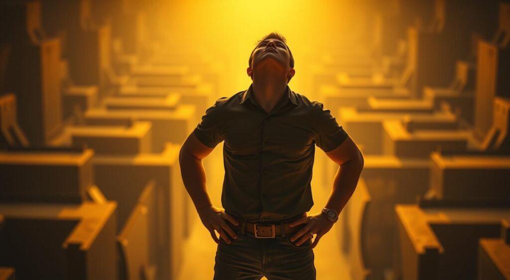 A person standing with an arrogant posture, hands on hips, chin tilted upward, emanating an aura of unwarranted self-assurance. The figure is positioned in the foreground, bathed in warm, golden light from an unseen source, creating a sense of confidence and authority. The middle ground is blurred, suggesting a lack of attention to detail or peripheral awareness. In the distant background, a maze-like environment of indistinct shapes and shadows, conveying the potential for missteps and poor judgment.