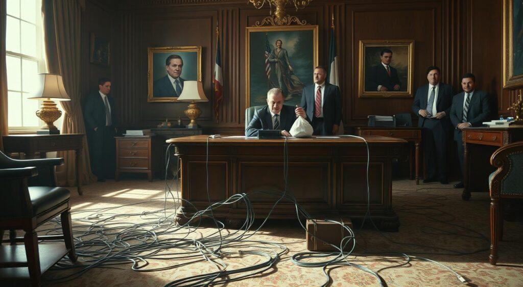 A professional bureaucrat in a crisp suit sits at a lavish mahogany desk, clutching a bag of cash. Surrounding him, a web of cables and connections snakes across the floor, linking him to influential corporate lobbyists and political figures. The lighting is harsh, casting dramatic shadows that hint at the behind-the-scenes machinations at play. The room has an air of opulence and power, but also a sense of moral decay. The scene conveys the essence of regulatory capture - the hijacking of government institutions by special interests for their own gain, at the expense of the public good.
