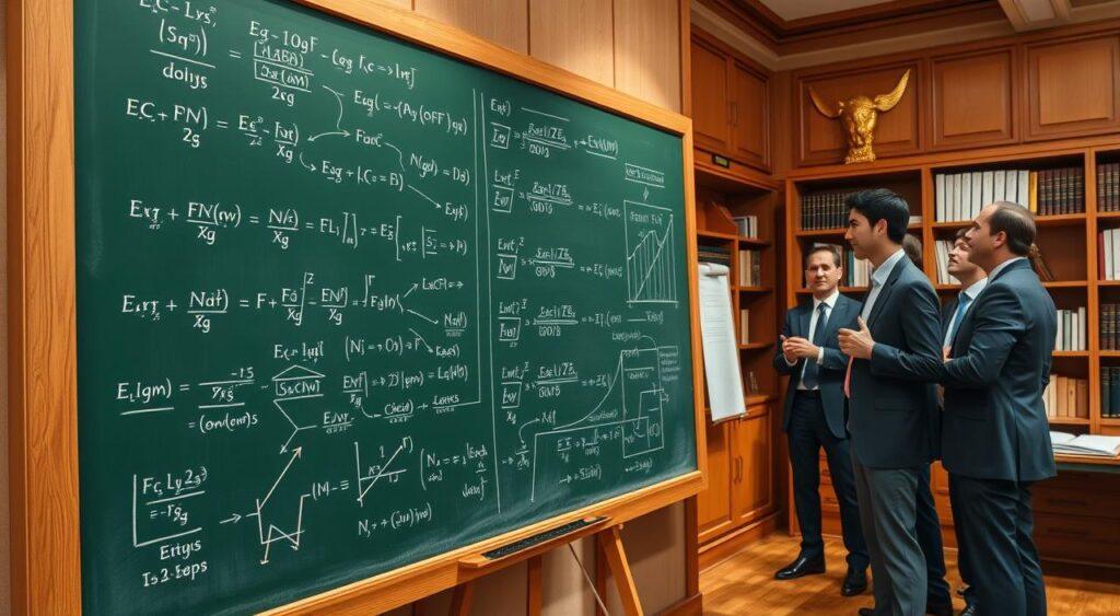 A realistic illustration of microfounded economic models, showcasing a complex network of interconnected equations and variables. The foreground depicts a well-lit chalkboard, with intricate mathematical formulations and diagrams scrawled across its surface, representing the theoretical underpinnings of economic policy evaluation. In the middle ground, a group of economists in formal attire stand, engaged in a lively discussion, gesturing towards the chalkboard as they analyze the models. The background features a warm, wood-paneled office, with shelves of books and papers, conveying an atmosphere of academic rigor and intellectual discourse. A realistic illustration of microfounded economic models, showcasing a complex network of interconnected equations and variables. The foreground depicts a well-lit chalkboard, with intricate mathematical formulations and diagrams scrawled across its surface, representing the theoretical underpinnings of economic policy evaluation. In the middle ground, a group of economists in formal attire stand, engaged in a lively discussion, gesturing towards the chalkboard as they analyze the models. The background features a warm, wood-paneled office, with shelves of books and papers, conveying an atmosphere of academic rigor and intellectual discourse.
