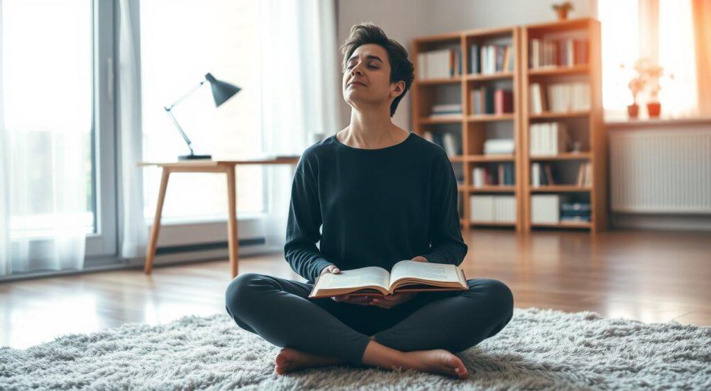 A serene and contemplative indoor scene. In the foreground, a person sits cross-legged on a plush rug, eyes closed in deep thought, hands resting on their lap. Soft natural light filters in through a large window, casting a warm glow over the scene. In the middle ground, a minimalist wooden desk holds an open journal and a cup of tea, symbolizing the tools for self-reflection. In the background, bookshelves line the walls, hinting at the wisdom and knowledge available for overcoming self-doubt. The overall atmosphere is one of calm, focus, and a sense of purposeful introspection.