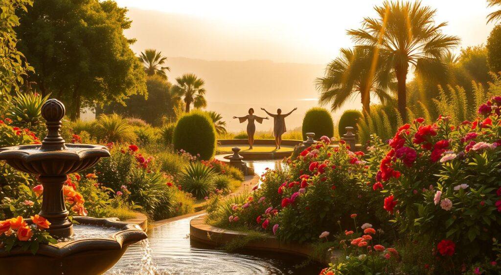 A serene garden overflowing with lush greenery and vibrant flowers, bathed in warm, golden sunlight. In the foreground, a fountain gently cascades, symbolizing the flow of abundance. In the middle ground, graceful figures represent the embracing of an abundance mindset, their arms outstretched as they bask in the tranquility. In the background, a distant horizon hints at limitless possibilities, conveyed through a soft, hazy atmosphere. The entire scene exudes a sense of harmony, contentment, and the boundless potential of an abundant worldview.