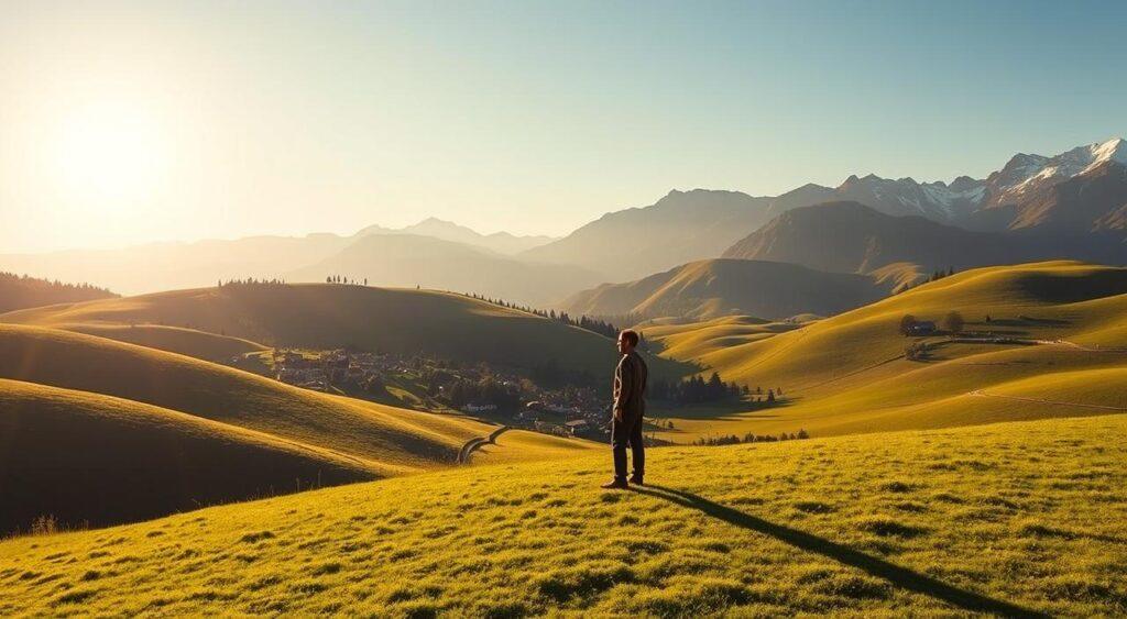 A serene, sun-drenched landscape with rolling hills and lush, verdant meadows. In the foreground, a solitary figure stands, casting a long shadow that stretches across the ground, symbolizing the idea of economic rent. The figure is wearing simple, yet elegant, attire, conveying a sense of timelessness. In the middle ground, a quaint village nestled among the hills, its rooftops and chimneys reflecting the warm glow of the sun. In the background, majestic mountains rise, their peaks capped with snow, adding depth and grandeur to the scene. The overall atmosphere is one of tranquility and contemplation, inviting the viewer to ponder the concepts of economic rent and its impact on society.