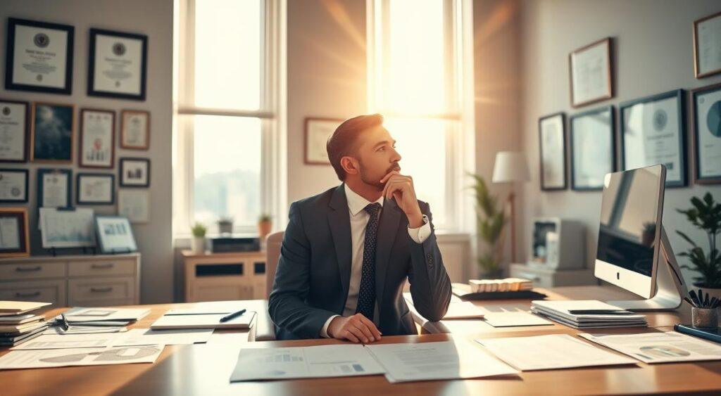A serene, well-lit office setting with a large desk, a desktop computer, and an array of charts, graphs, and financial documents neatly arranged. The walls are adorned with framed certificates and awards, conveying a sense of expertise and authority. Sunlight streams in through large windows, casting a warm glow over the scene. In the foreground, a businessperson in a crisp suit sits pensively, deep in thought, contemplating economic stability measures. The atmosphere is one of thoughtful deliberation, with a focus on data-driven decision-making and the careful consideration of policy implications.