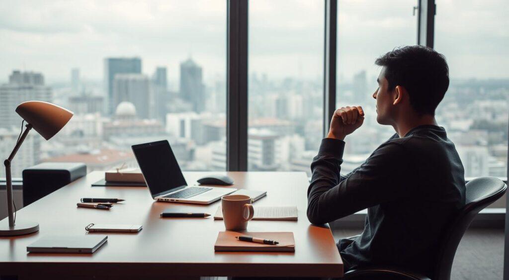 A serene, well-lit office setting with a professional-looking desk, a laptop, and an array of everyday objects like a coffee mug, a pen, and a notebook. In the foreground, a person sits at the desk, deep in thought, contemplating a decision. The background features a large window overlooking a cityscape, creating a sense of tranquility and focus. The overall mood is one of quiet contemplation, with a hint of the difficult decisions we face in our daily lives.