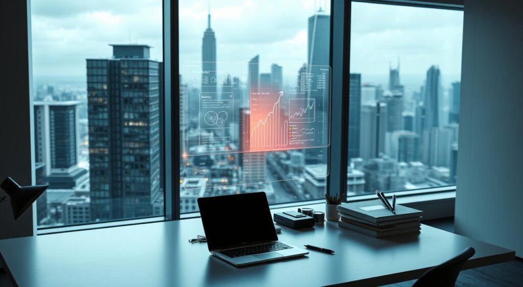A sleek, minimalist office setting with a large window overlooking a modern cityscape. In the foreground, a desktop workspace with a laptop, a tablet, and various office supplies, subtly arranged to suggest innovation and productivity. The middle ground features a futuristic holographic display showcasing data visualizations and product designs, casting a warm, ambient glow. The background depicts a bustling urban environment, its skyscrapers and infrastructure symbolizing the boundless possibilities of personal and professional growth. The lighting is balanced, with soft, directional shadows adding depth and dimension. The overall mood is one of focus, creativity, and the endless potential of the Zero to One mindset.