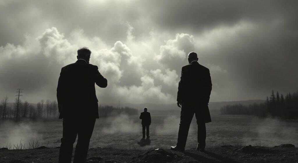 A somber landscape depicts a scene of political denial. In the foreground, shadowy figures turn away from the truth, their bodies language conveying evasion and dismissal. In the middle ground, a haze of disinformation obscures the facts, as fragmented data and false narratives swirl. The background is a bleak, monochromatic expanse, symbolizing the erosion of accountability and the triumph of willful ignorance. Dramatic lighting casts dramatic shadows, emphasizing the gravity of the situation. The overall atmosphere is one of grim resignation, a cautionary tale of the consequences of denial in the face of inconvenient realities.