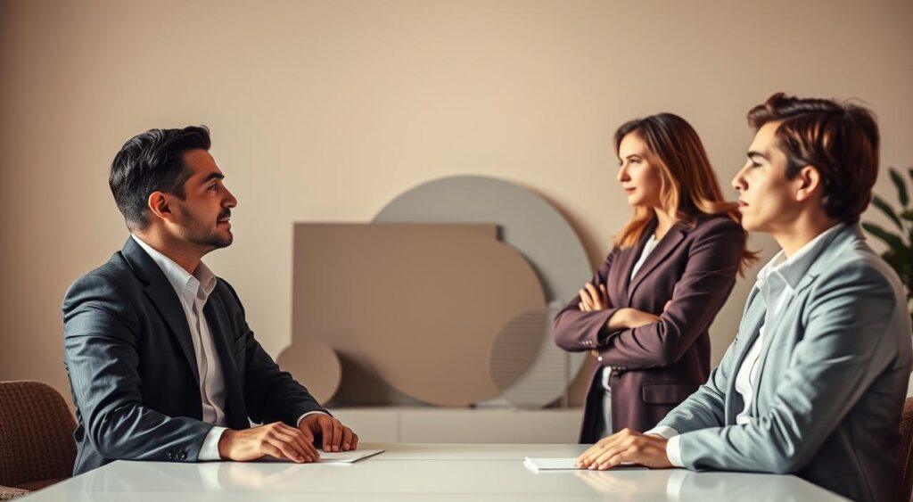 A sophisticated two-tier decision-making process set against a chic, minimalist backdrop. In the foreground, two well-dressed figures engaged in a thoughtful, nuanced dialogue, their expressions conveying the complexity of their strategic considerations. The middle ground features abstract shapes and patterns, hinting at the intricate layers of reasoning at play. The background is a serene, muted palette, creating a sense of focus and contemplation. Warm, directional lighting casts subtle shadows, emphasizing the depth of their intellectual exchange. Captured with a shallow depth of field, the scene invites the viewer to step into the Keynesian beauty contest mental model, to ponder the intricacies of higher-order thinking.