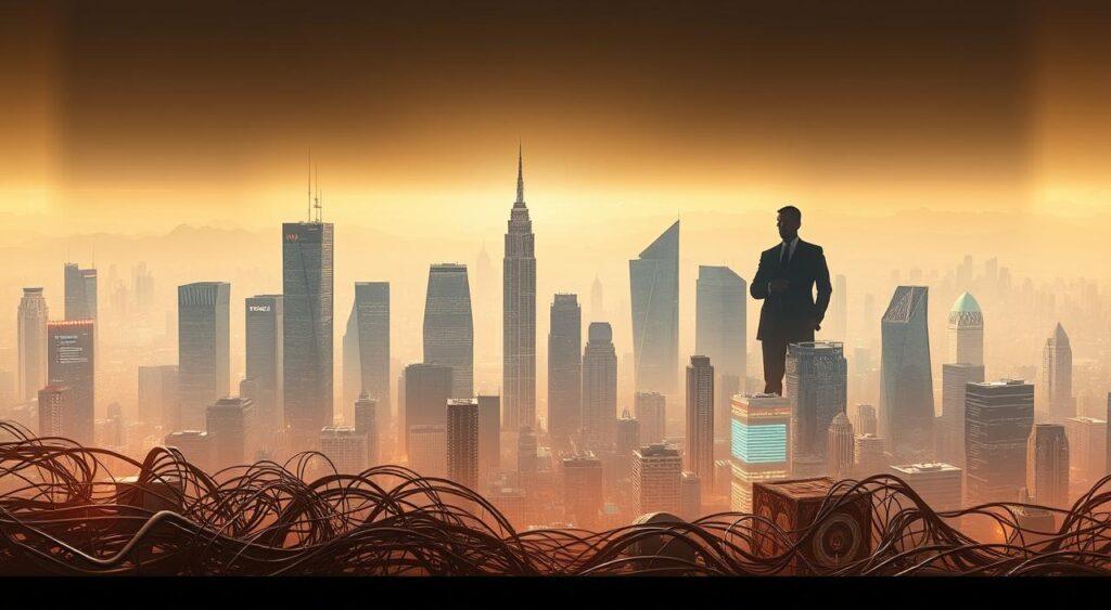 A sprawling digital cityscape, bathed in a warm, hazy glow. In the foreground, a tangle of wires and circuit boards, representing the complex infrastructure of the modern digital economy. Towering skyscrapers and data centers loom in the middle ground, their facades adorned with shifting patterns of code and data visualizations. In the background, silhouettes of government officials and regulatory bodies, their shadows cast over the landscape, symbolizing the delicate balance between innovation and oversight. The scene conveys a sense of both technological progress and the growing need for effective regulation in the digital age.