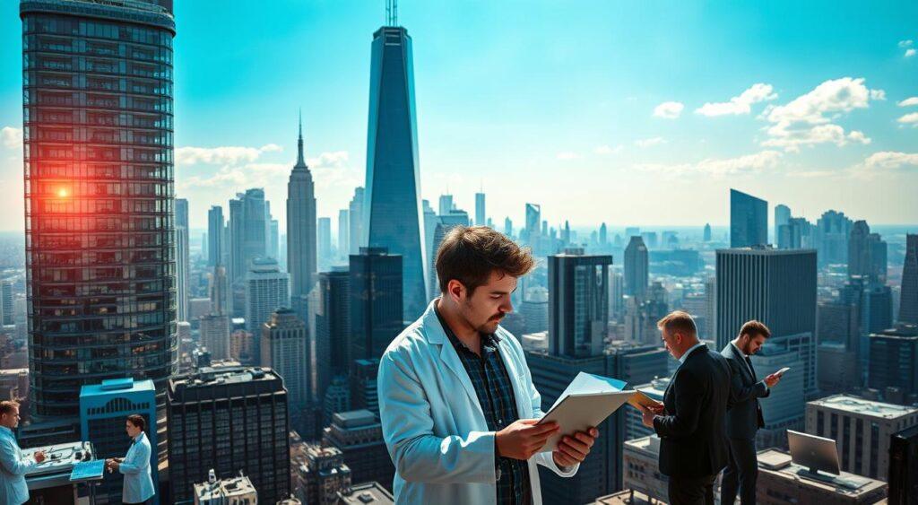 A sprawling, sun-dappled cityscape, with towering glass-and-steel skyscrapers reaching towards the sky. In the foreground, a lone entrepreneur gazes thoughtfully at a tablet, sketching out plans for a groundbreaking new product. Surrounding them, a whirlwind of activity - scientists in white coats tinkering with cutting-edge prototypes, developers hunched over glowing screens, and venture capitalists in sharp suits discussing new investment opportunities. The atmosphere is one of boundless creativity and innovation, with a palpable sense of energy and possibility. The lighting is crisp and bold, casting dramatic shadows and highlights that accentuate the dynamism of the scene. This is the heart of the tech revolution, where the next big idea is just waiting to be discovered.