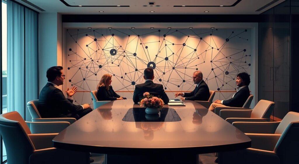 A strategic decision-making boardroom with sleek, minimalist furniture. Executives sit around a polished table, engaged in a thoughtful discussion, illuminated by soft, directional lighting that casts dramatic shadows. In the background, a large, abstract wall mural depicts a metaphorical representation of interconnected mental models, flowing like a neural network. The overall mood is one of intellectual focus, with a touch of philosophical contemplation.