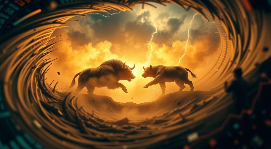 A surreal, cinematic depiction of economic cycles, captured through the lens of a wide-angle camera. In the foreground, a swirling vortex of financial data and charts, representing the ebb and flow of market trends. In the middle ground, a towering silhouette of a bull and bear, locked in an eternal struggle, symbolizing the volatile nature of the economy. The background is shrouded in a mist of uncertainty, with occasional flashes of lightning, hinting at the unpredictability and instability that characterize market cycles. The scene is lit by a warm, golden glow, creating a sense of foreboding and tension, yet with an underlying sense of grandeur and drama.