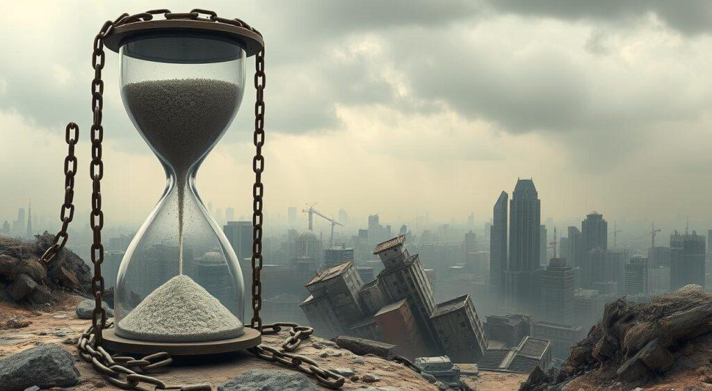 A surreal landscape depicting the cyclical nature of debt and time. In the foreground, a giant hourglass dominates the scene, its sand flowing endlessly. Cascading from the hourglass are chains and shackles, symbolizing the burden of debt. In the middle ground, a fractured cityscape struggles to maintain its structural integrity, the buildings leaning and twisting as if under immense pressure. The background is shrouded in a hazy, dreamlike atmosphere, with a looming, ominous sky that echoes the ticking of the hourglass. The overall composition conveys a sense of unease, the relentless passage of time, and the inescapable grip of financial obligations.