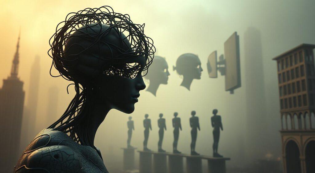 A surreal, psychologically-charged scene depicting the interplay of cognitive biases and decision-making processes. In the foreground, a disembodied human head with an intricate mesh of interconnected neural pathways, symbolizing the complex web of mechanisms underlying our perceptions and judgments. In the middle ground, a series of fragmented mirrors reflecting distorted versions of the head, hinting at the subjective nature of our mental models. The background is shrouded in a hazy, dreamlike atmosphere, with subtle hints of Escher-esque architectural elements, suggesting the nonlinear, recursive nature of our thought patterns. Cinematic lighting and a moody, introspective color palette enhance the sense of psychological depth and emotional resonance.