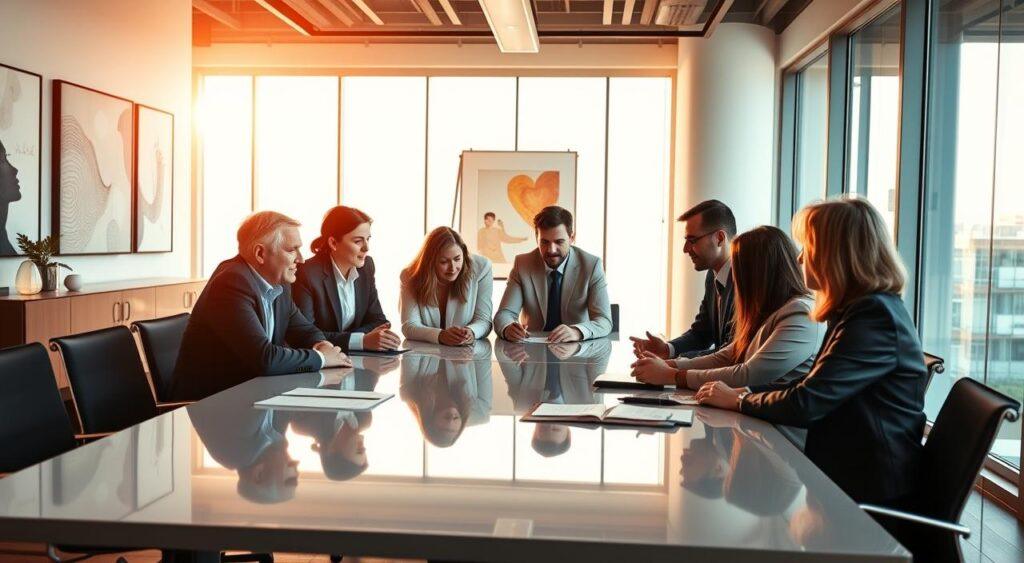 A team of business leaders gathered in a modern, well-lit conference room, engaged in animated discussion around a sleek, polished table. Warm, natural lighting filters in through large windows, casting a collaborative, thoughtful atmosphere. The executives, dressed in professional attire, lean in with focused expressions, their body language conveying a sense of unity and shared purpose as they navigate complex organizational challenges. In the background, abstract artworks and minimalist decor hint at a progressive, forward-thinking company culture. The scene captures the essence of strategic organizational leadership, where critical thinking, effective communication, and a shared vision converge to drive success.