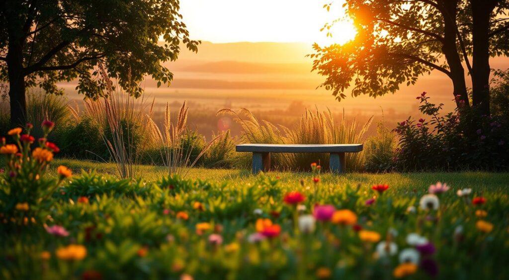 A tranquil garden scene, with a lush green landscape in the foreground, dotted with vibrant, colorful flowers. In the middle ground, a weathered stone bench sits invitingly, casting soft shadows. The background features a distant horizon, painted with a warm, golden sunset, instilling a sense of hope and optimism. The lighting is gentle, with a soft, diffused quality, creating a harmonious balance between realism and dreamlike ambiance. The composition is well-balanced, guiding the viewer's gaze towards the central focus point - the bench, a symbol of resilience and contentment amidst the natural beauty. The overall mood is one of serenity and contemplation, encouraging the viewer to find solace and a sense of optimism in the face of life's challenges.