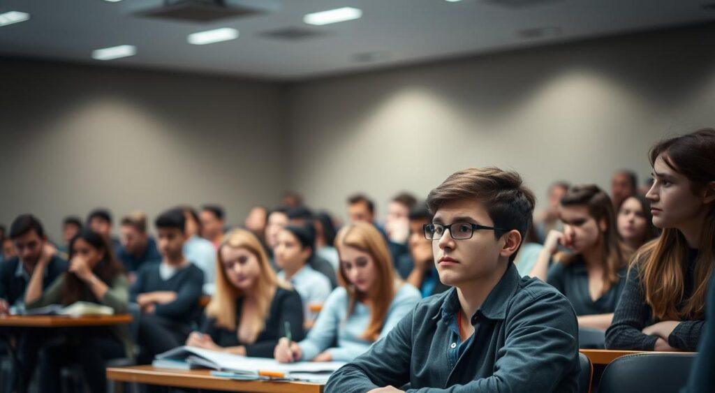 A university lecture hall filled with students, their faces etched with a mix of focus and confusion. Soft, diffused lighting from overhead casts a contemplative glow, while the chalkboard at the front stands as a symbolic representation of the learning process. In the foreground, a lone student sits, brow furrowed, pencil in hand, grappling with a complex concept. The background reveals a diverse array of student reactions - some furiously taking notes, others gazing off pensively, a few exchanging puzzled glances. The scene conveys the nuanced dynamics of the Dunning-Kruger effect, where the less competent struggle to recognize the depth of their own ignorance.