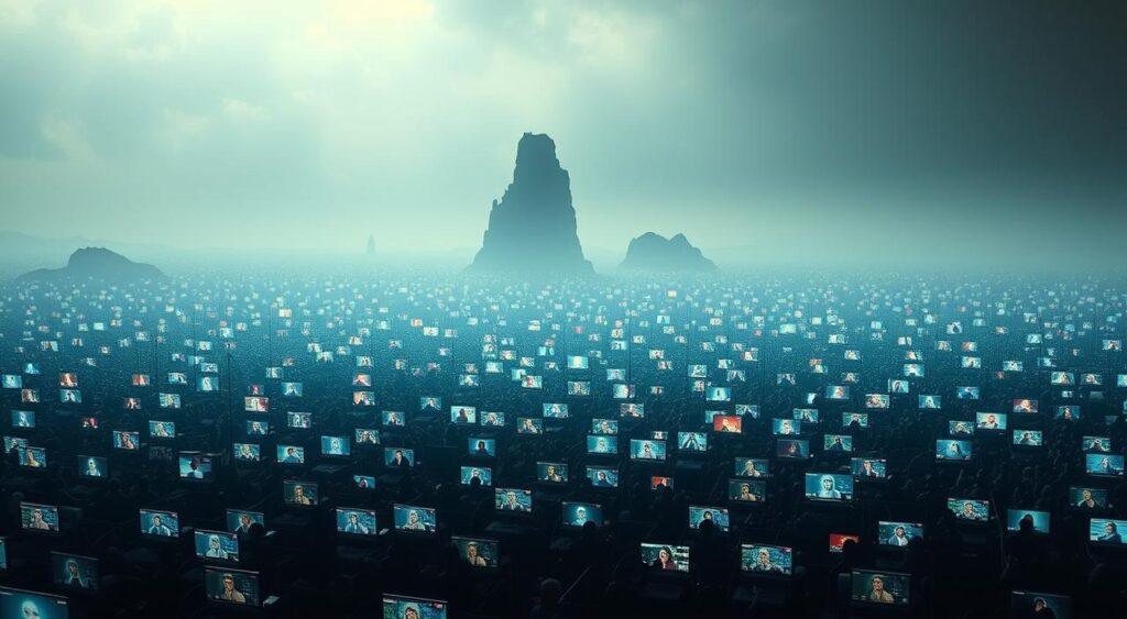 A vast digital landscape, where echoes of ideas reverberate endlessly. In the foreground, countless screens flicker with polarized discussions, each user's voice amplified by an algorithm's bias. Towering in the middle ground, social media platforms loom like monoliths, their tentacles extending into every corner of the online world. In the distant background, a hazy horizon of confirmation bias and tribalism, casting an ominous shadow over the entire scene. Harsh, dramatic lighting casts deep shadows, highlighting the stark divisions and isolation that define this digital echo chamber. A wide, cinematic lens captures the overwhelming scale of this phenomenon, conveying a sense of claustrophobia and entrapment. A vast digital landscape, where echoes of ideas reverberate endlessly. In the foreground, countless screens flicker with polarized discussions, each user's voice amplified by an algorithm's bias. Towering in the middle ground, social media platforms loom like monoliths, their tentacles extending into every corner of the online world. In the distant background, a hazy horizon of confirmation bias and tribalism, casting an ominous shadow over the entire scene. Harsh, dramatic lighting casts deep shadows, highlighting the stark divisions and isolation that define this digital echo chamber. A wide, cinematic lens captures the overwhelming scale of this phenomenon, conveying a sense of claustrophobia and entrapment.