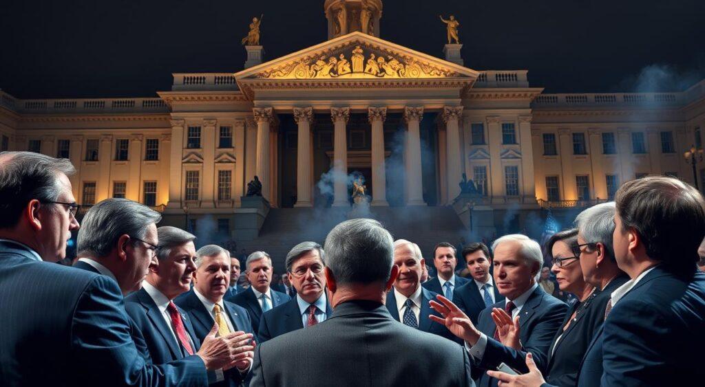 A vast government building, its facade adorned with gilded statues and imposing columns, stands as a symbol of power and influence. In the foreground, lobbyists and industry representatives, dressed in sharp suits, engage in animated discussions, their hands gesturing persuasively. The middle ground is occupied by a group of politicians, their expressions ranging from contemplative to decisive, as they consider the various proposals laid out before them. In the background, a haze of smoke and the faint murmur of backroom deals suggest the complex web of political maneuvering. The lighting is strategic, casting dramatic shadows and highlighting the high-stakes nature of the scene. The overall atmosphere conveys a sense of deliberation, negotiation, and the delicate balance of power that shapes government policy.