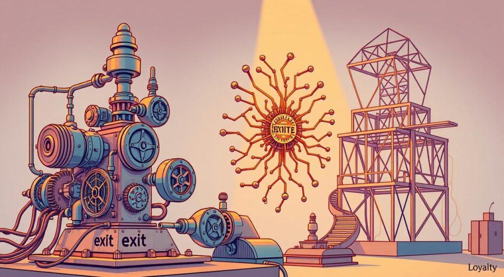 A vibrant, detailed illustration depicting the mechanisms of exit, voice, and loyalty responses. In the foreground, a complex mechanical device with gears, levers, and valves represents the &quot;exit&quot; mechanism, conveying a sense of decisive motion and change. In the middle ground, an ornate, intricate structure with branching pathways symbolizes the &quot;voice&quot; mechanism, suggesting a multilayered, communicative process. In the background, a sturdy, interconnected framework represents the &quot;loyalty&quot; mechanism, projecting a sense of stability and commitment. The scene is illuminated by a warm, soft light, creating an atmosphere of thoughtful contemplation. The overall composition conveys the interplay and dynamics between the three mental model components.