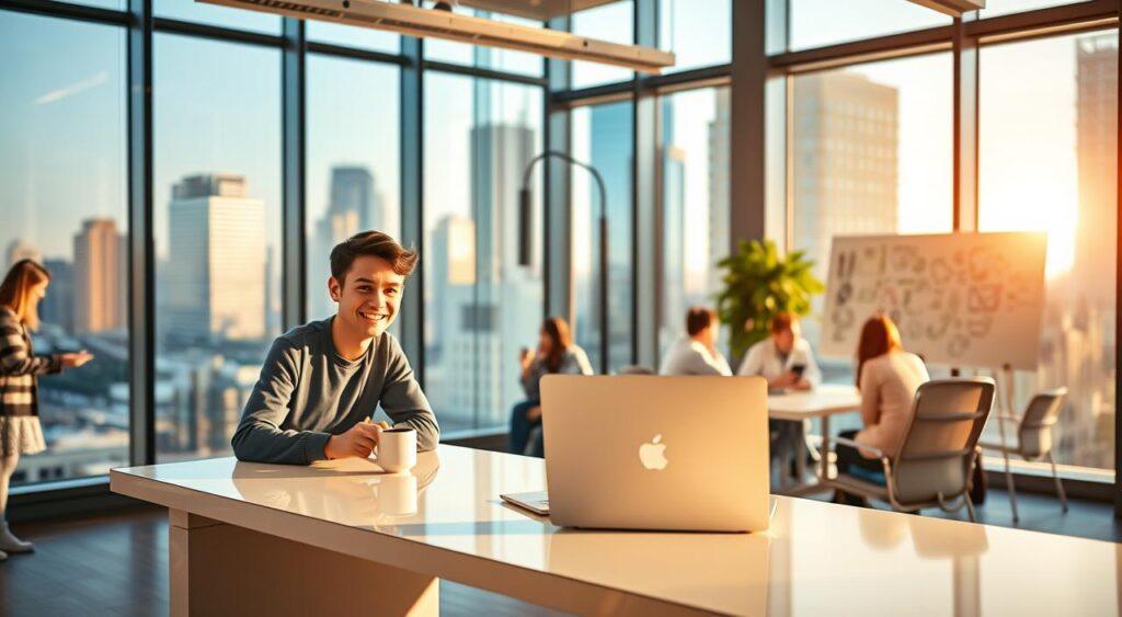 A vibrant, sunlit office space with floor-to-ceiling windows overlooking a bustling cityscape. In the foreground, a young, energetic entrepreneur sits at a sleek, minimalist desk, laptop open and a cup of coffee in hand. Their expression is one of focused determination, a sense of confidence and purpose radiating from their body language. The middle ground features a whiteboard covered in colorful, scribbled ideas and plans, hinting at the innovative spirit driving this individual. In the background, a team of collaborators huddles around a conference table, engaged in lively discussion. Warm, golden lighting filters through the windows, casting a glow of optimism and possibility over the entire scene.