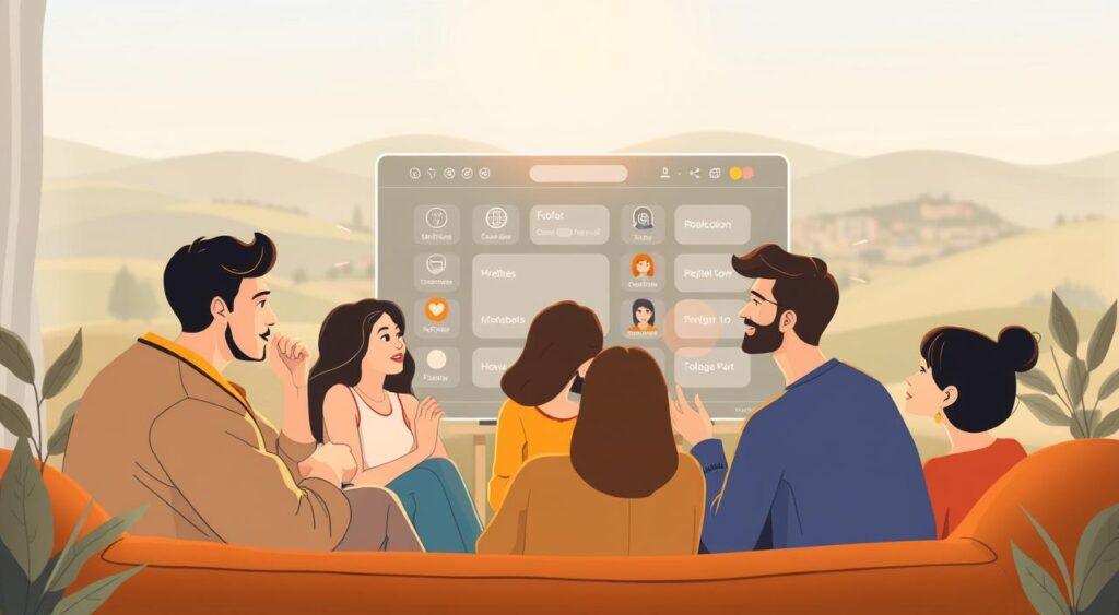 A warm and inviting online support community illustration, featuring a cozy digital gathering space. In the foreground, a group of diverse individuals engaged in thoughtful discussions, their expressions conveying empathy and understanding. The middle ground showcases a sleek, modern interface with intuitive navigation tools, creating a sense of connectivity and accessibility. The background depicts a softly blurred landscape of rolling hills or cityscape, evoking a serene and calming atmosphere. The lighting is gentle, with a subtle glow emanating from the screen, casting a welcoming ambiance. The overall composition conveys a sense of comfort, understanding, and the power of shared experiences in an online setting.