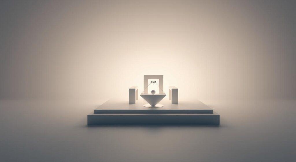 A well-lit, abstract three-dimensional illustration depicting the core concepts of the &quot;Exit, Voice, and Loyalty&quot; mental model. In the foreground, a stylized geometric representation of the options &quot;exit,&quot; &quot;voice,&quot; and &quot;loyalty&quot; emerge from a central focal point. The middle ground features a minimalist, architectural framework, hinting at the theoretical and formal foundations of the model. In the background, a soft, ethereal gradient evokes a sense of contemplation and intellectual discourse. The overall composition conveys a balanced, harmonious, and visually engaging interpretation of the key principles underlying this influential framework.