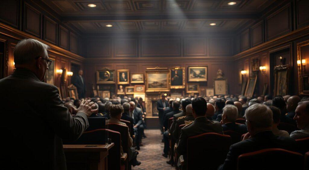 An auction house interior, dimly lit with soft, warm lighting. In the foreground, an auctioneer stands at a podium, gesturing animatedly as they guide the bidding. Behind them, rows of potential buyers sit in padded chairs, leaning forward in anticipation. In the middle ground, a display of high-value items - antiques, paintings, and collectibles - catch the light, each with a discreet reserve price tag. The background is hazy, with the audience's faces obscured, creating a sense of exclusivity and mystery. The overall atmosphere is one of hushed excitement, as the bidding war unfolds.