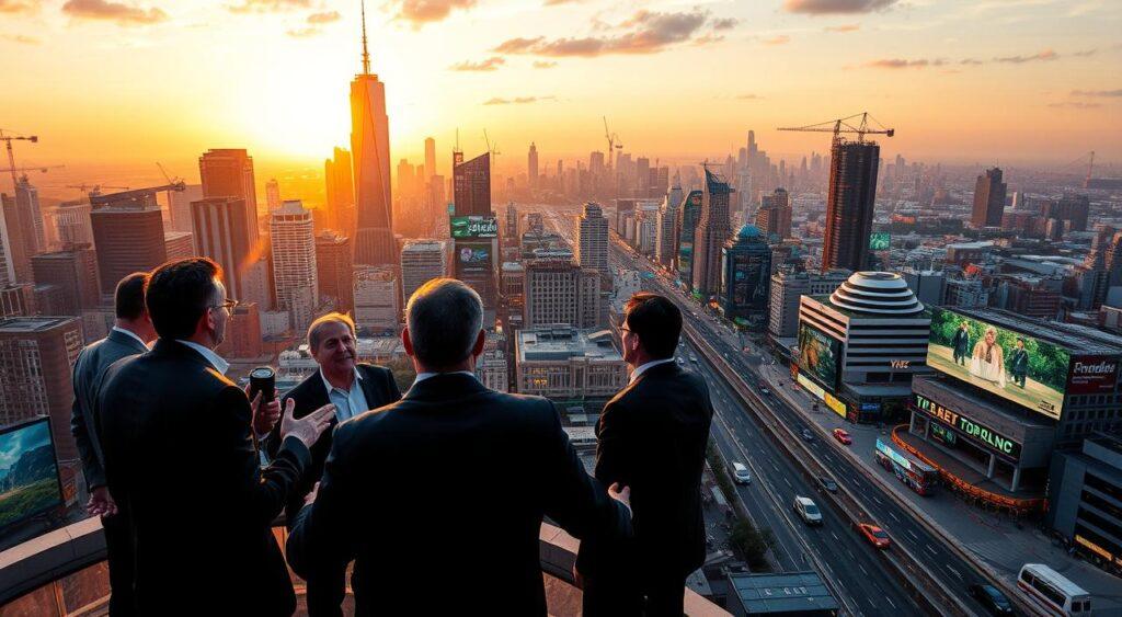 An expansive cityscape illuminated by a warm, golden sunset. In the foreground, a group of businesspeople stand in a circle, their faces etched with uncertainty as they gesture animatedly, conveying a shift in economic expectations. The middle ground features a bustling city street, with towering skyscrapers and neon-lit billboards reflecting the changing tides of the market. In the background, the horizon is dotted with cranes and construction sites, suggesting an uncertain future. The scene is captured through a wide-angle lens, emphasizing the scale and scope of the economic transformation unfolding. The Lucas critique mental model-economic transformation unfolding