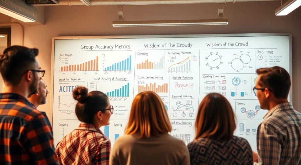 An office setting with a large whiteboard displaying various graphs, charts, and diagrams representing statistical data and group accuracy metrics. The whiteboard is the focal point, surrounded by a group of people collaborating and discussing the information presented, their faces expressing thoughtful contemplation. The lighting is warm and inviting, creating a sense of intellectual engagement. The angles capture the dynamic interplay between the data visualizations and the engaged participants, highlighting the "wisdom of the crowd" concept. The atmosphere conveys a spirit of collective problem-solving and data-driven decision-making.