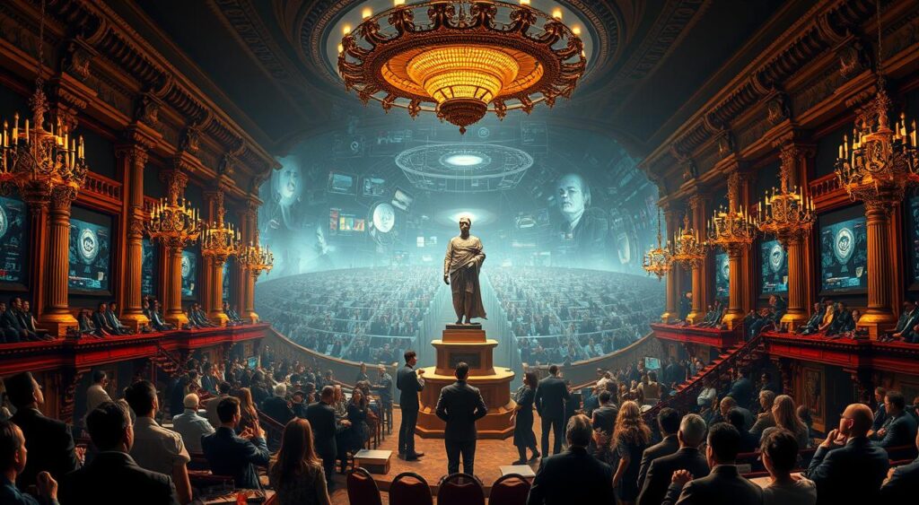 Cognitive biases auctions: a surreal landscape where the winners curse looms large. In the foreground, a grand auction hall with gilded columns and ornate chandeliers, bidders engrossed in a frenzy of irrational decisions. Amidst the chaos, a towering statue of a blindfolded figure, symbolizing the biases that cloud our judgment. The middle ground reveals a maze of interconnected screens, displaying charts, graphs, and data that the bidders struggle to comprehend. In the background, a swirling vortex of cognitive distortions, from anchoring to confirmation bias, creating an atmosphere of uncertainty and irrationality. Dramatic lighting casts dramatic shadows, emphasizing the high-stakes nature of this mental model. A dreamlike, unsettling scene that captures the essence of the winner's curse.