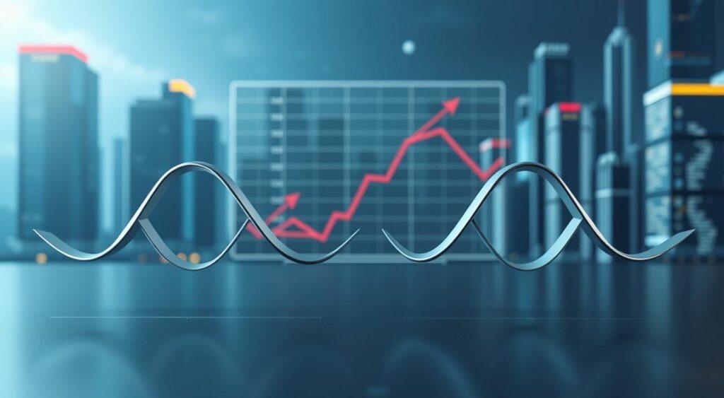 Detailed 3D illustration depicting the relationship between nominal and real interest rates. The foreground shows two sine waves representing the nominal and real interest rates, with clear differentiation in their amplitudes and phases. The middle ground features a geometric graph backdrop, visualizing the Fisher equation with variables like inflation and real interest rates. The background showcases a futuristic financial cityscape, with skyscrapers and technological elements, emphasizing the economic context. Rendered in a high-quality, photorealistic style with dramatic lighting, depth of field, and a color palette of blues, grays, and metallic tones to convey the technical and analytical nature of the subject.