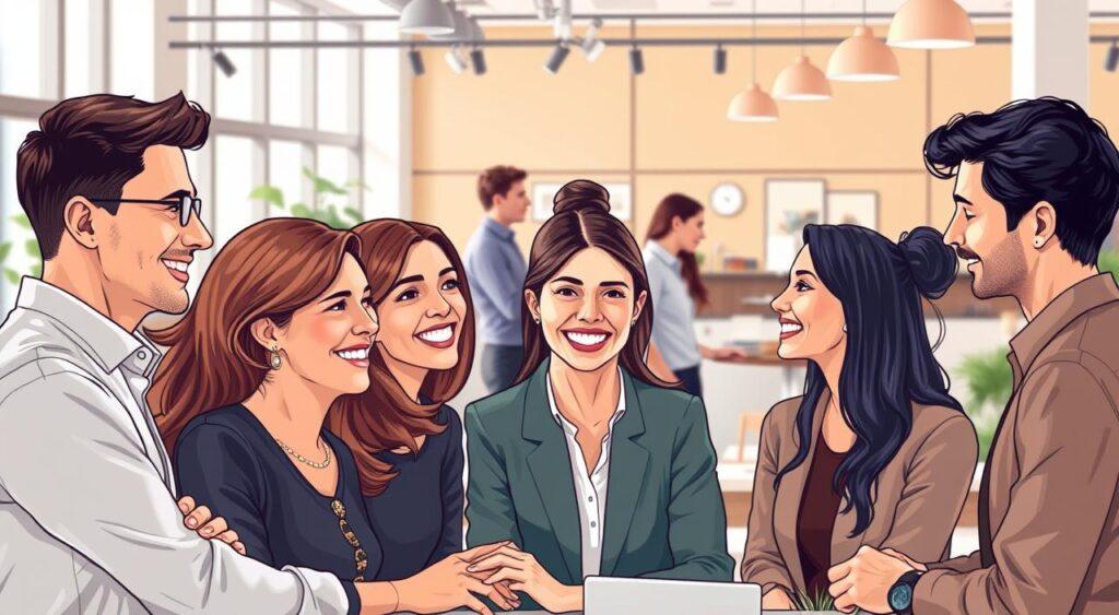 Detailed digital illustration showcasing the impact of loyalty on customer and employee engagement. In the foreground, a group of attentive and engaged employees collaborating closely, their expressions radiating enthusiasm and dedication. In the middle ground, customers interacting with the employees, their body language conveying trust and satisfaction. The background features a warm, inviting office environment with modern furniture and abundant natural lighting, creating a sense of professionalism and productivity. The overall scene conveys a harmonious and positive workplace culture where loyalty fosters heightened customer and employee engagement.