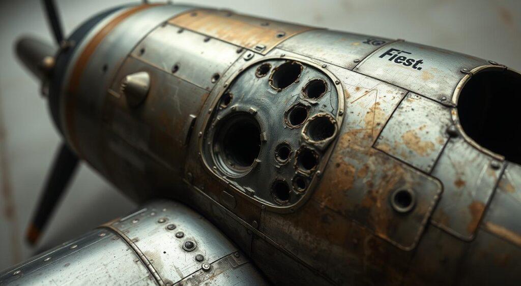 Detailed technical close-up of World War II aircraft bullet hole analysis, captured through a high-resolution camera lens. The image showcases a carefully dissected aircraft fuselage, with intricate patterns of bullet holes and damage visible on the metal surface. Precise lighting illuminates the intricate textures and subtle tones, allowing for a meticulous examination of the evidence. The background is a muted, neutral color palette, keeping the focus solely on the technical analysis at hand. The overall atmosphere is one of scientific rigor and historical importance, capturing the essence of the work done by Abraham Wald during the war. Survivorship Bias Mental Model- the essence of the work done by Abraham Wald during the war.