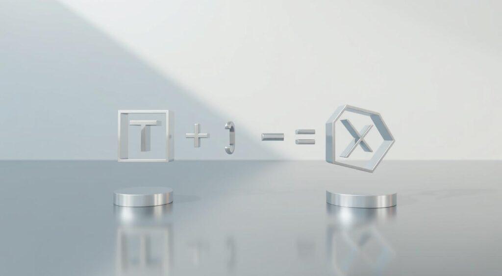 Elegant mathematical formula illustrating the components of the trust equation, rendered in 3D with a clean, minimalist aesthetic. Sleek metallic surfaces reflecting the surrounding environment, with geometric shapes and symbols floating in a serene, well-lit space. Precise lines and balanced composition, creating a sense of visual harmony. The overall mood is one of clarity, precision, and intellectual contemplation.